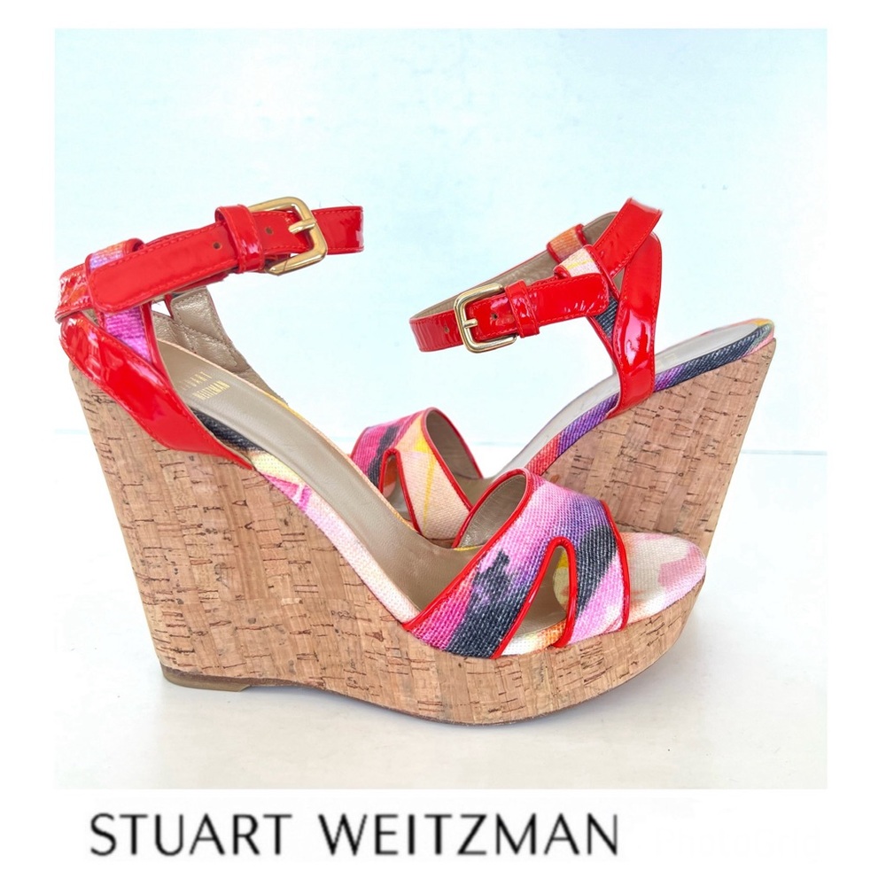 STUART WEITZMAN Orange Patent Leather w Multicolor Canvas Wedge Sandals Sz 9 M